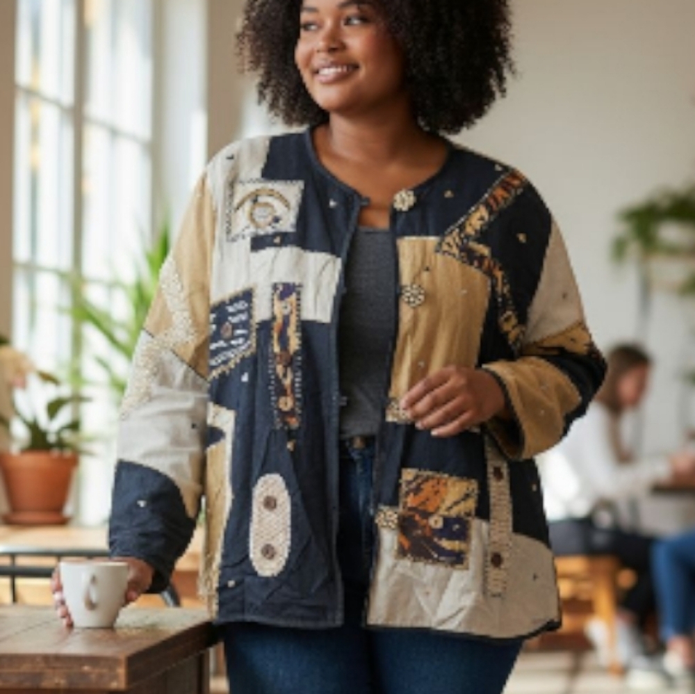 ALLURE | Vintage Patchwork 3D Button Wearable Art Jacket in Black Cream Tan | 1X